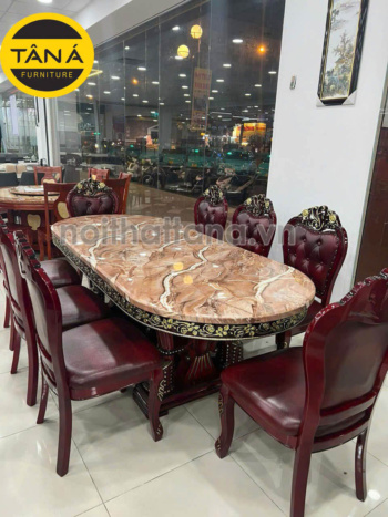 Bộ Bàn Ăn Mặt Đá Oval Tân Cổ Điển 8 Ghế gỗ sồi Bọc Da cao cấp nhập khẩu đài loan BA46