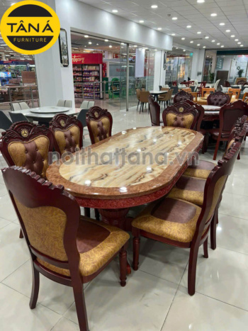 Bộ Bàn Ăn 2m2 mặt đá Oval Tân Cổ Điển 8 Ghế Gỗ Sồi Cao Cấp nhập khẩu đài loan BA74