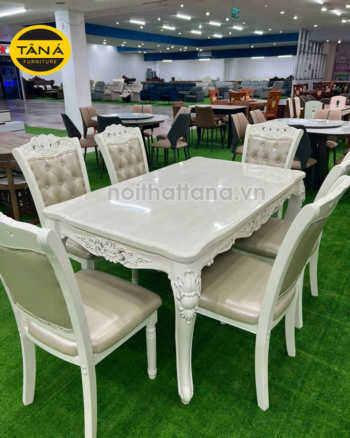 Bộ Bàn Ăn Mặt Đá Tân Cổ Điển 6 Ghế Gỗ Sồi Bọc Da BA11