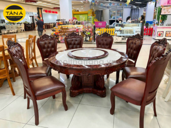 Bộ Bàn Ăn Tròn Mặt Đá Có Mâm Xoay 8 Ghế Gỗ Sồi Bọc Da Cao Cấp BA86