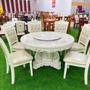 Bộ Bàn Ăn Mặt Đá Tròn 1m3 Tân Cổ Điển 6 Ghế Gỗ Sồi Bọc Da cao cấp nhập khẩu đài loan BA117