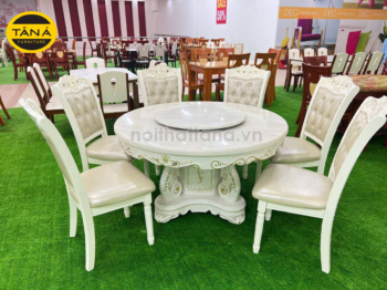 Bộ Bàn Ăn Mặt Đá Tròn 1m3 Tân Cổ Điển 6 Ghế Gỗ Sồi Bọc Da cao cấp nhập khẩu đài loan BA117
