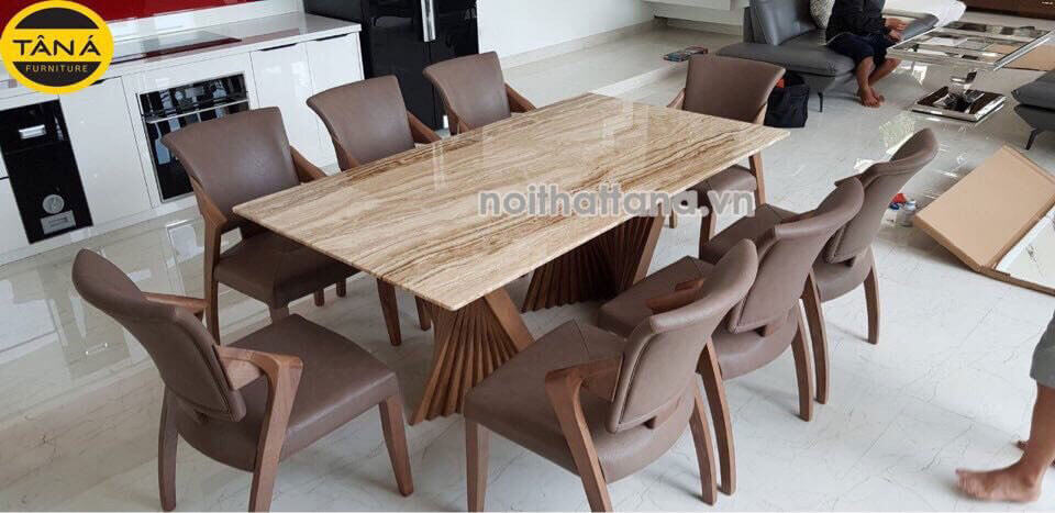 Bộ bàn ăn 8 ghế gỗ sồi bọc da cao cấp