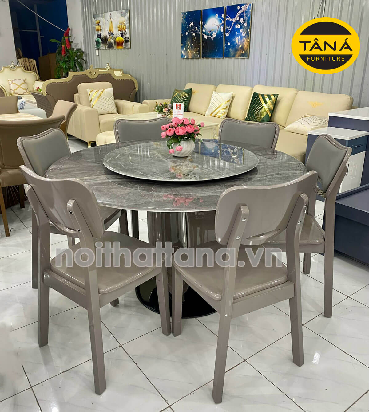 Bộ bàn ăn tròn 1m3 6 ghế gỗ sồi nhập khẩu