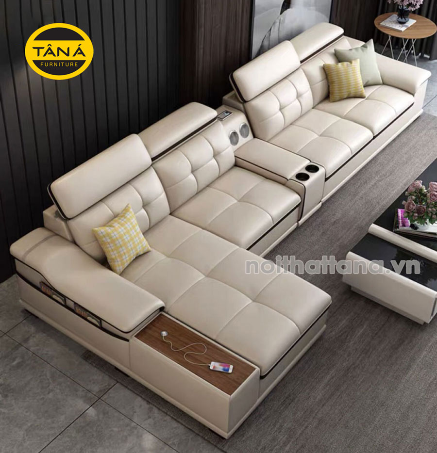 Mẫu ghế sofa da màu kem đẹp hiện đại 