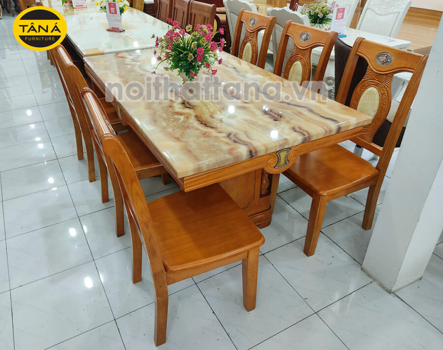 bộ bàn ăn gỗ màu vàng mặt đá hiện đại
