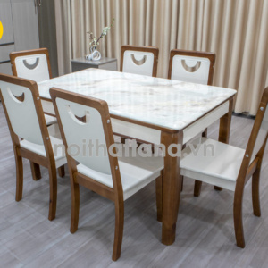 Bộ Bàn Ăn 6 Ghế Gỗ Sồi Mặt Đá Trắng Đẹp Tinh Tế BA89