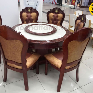 Bộ Bàn Ăn Tròn Mâm Xoay Tân Cổ Điển BA28 Mặt Đá 6 Ghế Gỗ Sồi Cao Cấp