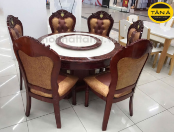 Bộ Bàn Ăn Tròn Mâm Xoay Tân Cổ Điển BA28 Mặt Đá 6 Ghế Gỗ Sồi Cao Cấp