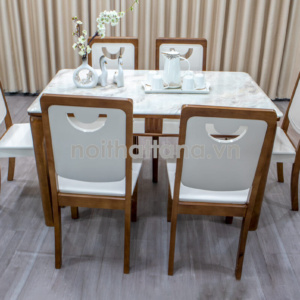 Bộ Bàn Ăn 6 Ghế Gỗ Sồi Mặt Đá Trắng Đẹp Tinh Tế BA89