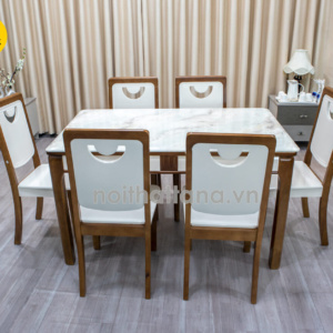 Bộ Bàn Ăn 6 Ghế Gỗ Sồi Mặt Đá Trắng Đẹp Tinh Tế BA89