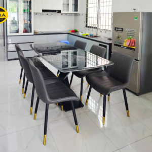 Bộ bàn ăn mặt đá 6 ghế chân sắt BA94