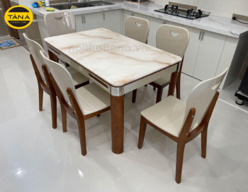 Bộ Bàn Ăn Mặt Đá Trắng Vân Mây BA-H8 6 Ghế Nhập Khẩu