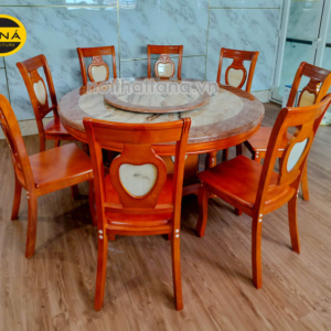 Bộ Bàn Ăn Tròn Mặt Đá Xoay Gỗ Sồi 6 Ghế BA77