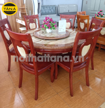 Bộ Bàn Ăn Tròn Mặt Đá Xoay Gỗ Sồi 6 Ghế BA77