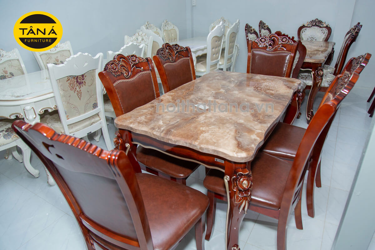Bộ bàn ăn 6 ghế gỗ sồi mặt đá tân cổ điển BA80