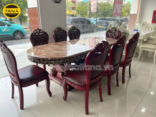 Bộ Bàn Ăn Mặt Đá Oval Tân Cổ Điển 8 Ghế gỗ sồi Bọc Da cao cấp nhập khẩu đài loan BA46