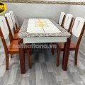 Bộ Bàn Ăn 6 Ghế Gỗ Mặt Đá Viền Họa Tiết Độc Đáo BA40