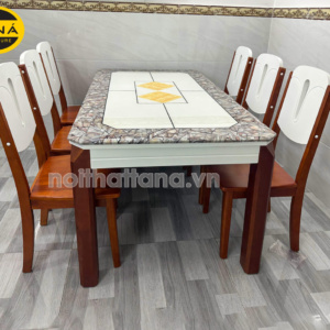 Bộ Bàn Ăn 6 Ghế Gỗ Mặt Đá Viền Họa Tiết Độc Đáo BA40