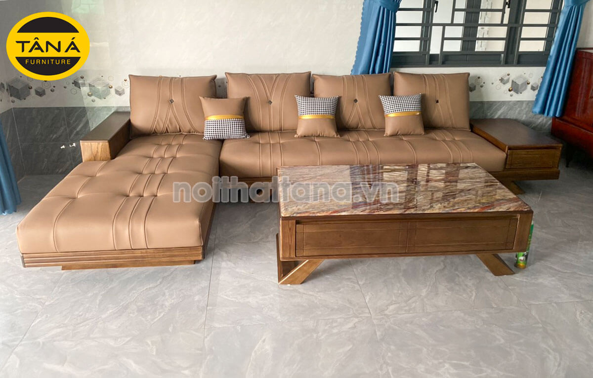Mẫu ghế sofa gỗ sồi nhập khẩu nga góc l bọc da hiện đại