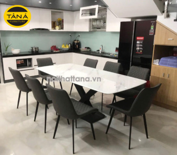 Bộ Bàn Ăn Mặt Đá Tự Nhiên 1,8m 8 Ghế Chân Sắt Tĩnh Điện BA119
