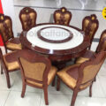 Bộ Bàn Ăn Mặt Đá Tròn 1,5m 8 Ghế Gỗ Sồi Bọc Da nhập khẩu đài loan BA116