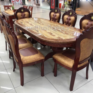 Bộ Bàn Ăn 2m2 mặt đá Oval Tân Cổ Điển 8 Ghế Gỗ Sồi Cao Cấp nhập khẩu đài loan BA74