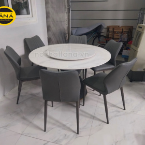 Bộ Bàn Ăn Tròn Mặt Đá Ceramic Có Mâm Xoay 6 Ghế Nhập Khẩu BA184