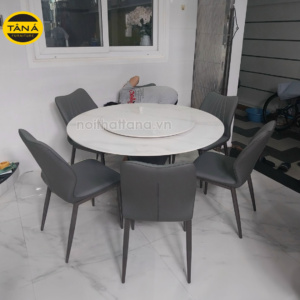 Bộ Bàn Ăn Tròn Mặt Đá Ceramic Có Mâm Xoay 6 Ghế Nhập Khẩu BA184