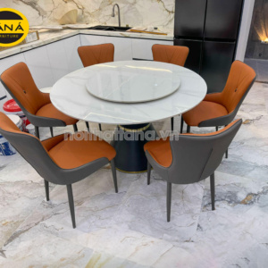 Bộ Bàn Ăn Tròn Mặt Đá Ceramic Có Mâm Xoay 6 Ghế Nhập Khẩu BA183