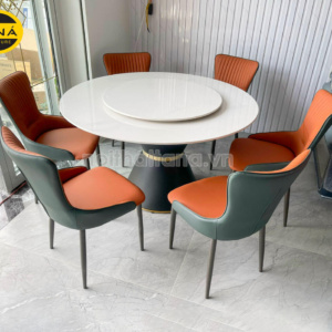 Bộ Bàn Ăn Tròn Mặt Đá Ceramic Có Mâm Xoay 6 Ghế Nhập Khẩu BA183