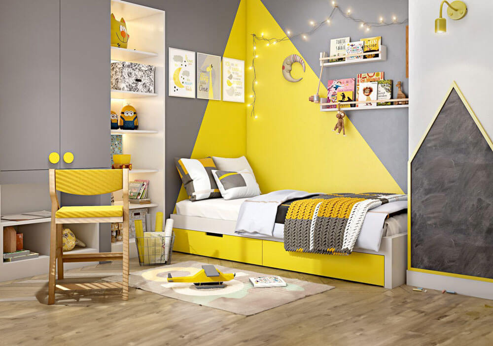 Mẫu thiết kế phòng ngủ màu vàng năng động