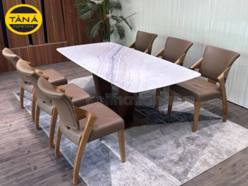 Bộ Bàn Ăn Mặt Đá Tự Nhiên BA193 Chân Chữ V Gỗ Sồi 6 Ghế Cao Cấp