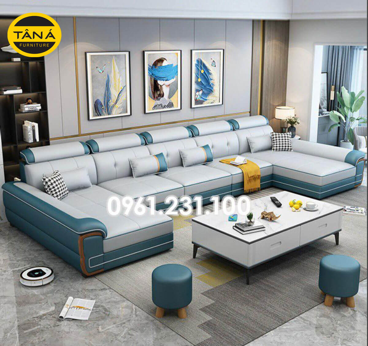 Sofa Da Cao Cấp N147 Kiểu Chữ U, Tựa Lưng Dập Nút Sang Trọng