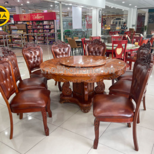 Bộ Bàn Ăn Tròn Mặt Đá Xoay BA198 Tân Cổ Điển 8 Ghế Gỗ Sồi Cao Cấp
