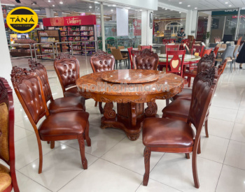 Bộ Bàn Ăn Tròn Mặt Đá Xoay BA198 Tân Cổ Điển 8 Ghế Gỗ Sồi Cao Cấp
