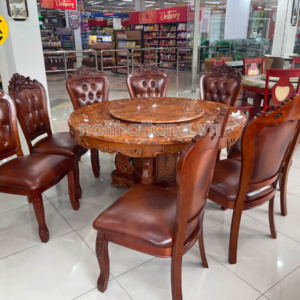Bộ Bàn Ăn Tròn Mặt Đá Xoay BA198 Tân Cổ Điển 8 Ghế Gỗ Sồi Cao Cấp