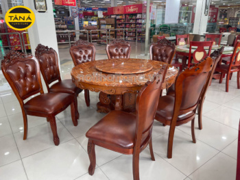 Bộ Bàn Ăn Tròn Mặt Đá Xoay BA198 Tân Cổ Điển 8 Ghế Gỗ Sồi Cao Cấp