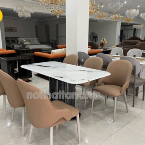 Bộ Bàn Ăn 1,5m BA-C02 Mặt Đá Tự Nhiên + 6 Ghế Chân Sắt Nhập Khẩu