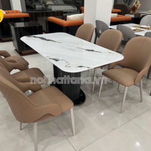 Bộ Bàn Ăn 1,5m BA-C02 Mặt Đá Tự Nhiên + 6 Ghế Chân Sắt Nhập Khẩu