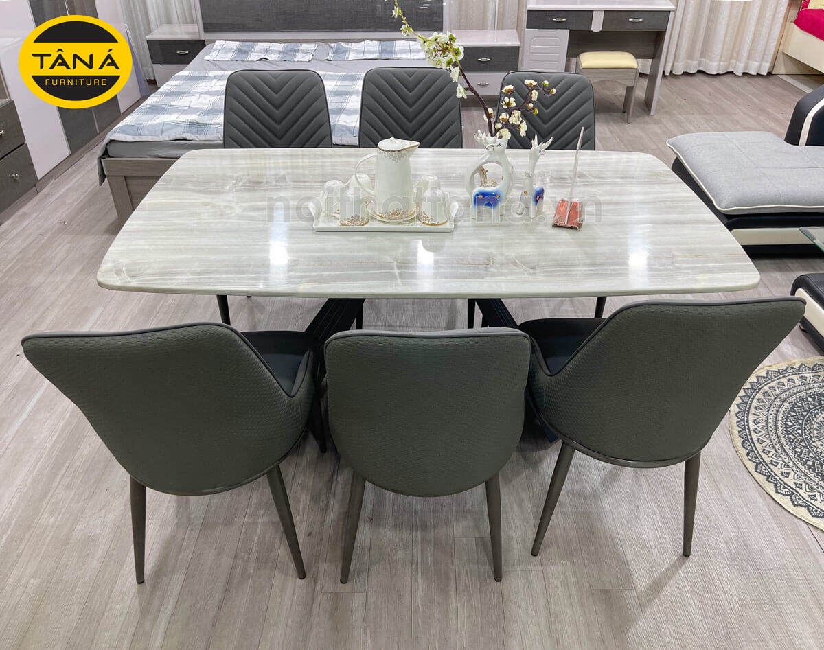 Bộ bàn ăn 1m6 mặt đá tự nhiên chân sắt tĩnh điện