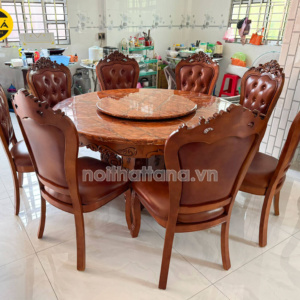 Bộ Bàn Ăn Tròn Mặt Đá Xoay BA198 Tân Cổ Điển 8 Ghế Gỗ Sồi Cao Cấp