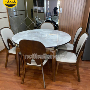 Bộ Bàn Ăn BA-F25-02 Mặt Đá Tròn Gọn 1,3M 6 Ghế Gỗ Hương Thái