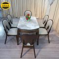 Bộ Bàn Ăn BA-F25-02 Mặt Đá Tròn Gọn 1,3M 6 Ghế Gỗ Hương Thái