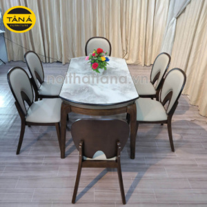 Bộ Bàn Ăn BA-F25-02 Mặt Đá Tròn Gọn 1,3M 6 Ghế Gỗ Hương Thái