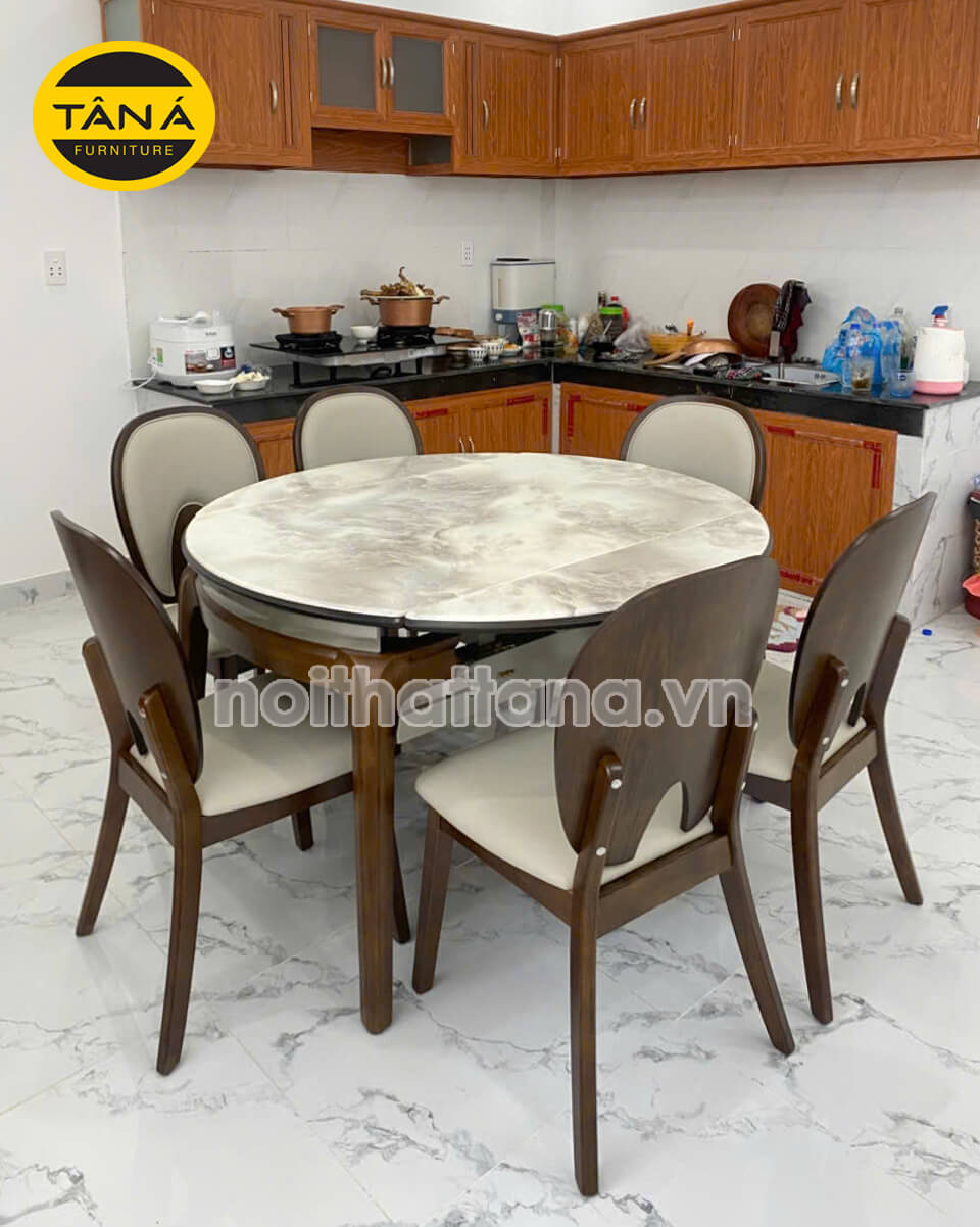 Bộ Bàn Ăn BA-F25-02 Mặt Đá Tròn Gọn 1,3M 6 Ghế Gỗ Hương Thái