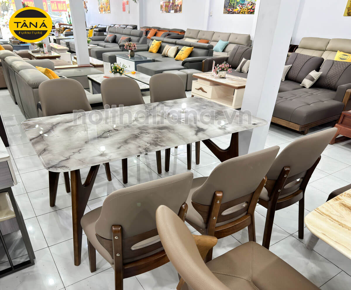 Bộ Bàn Ăn 1m6 BA-T-075 Mặt Đá Tự Nhiên Gỗ Hương Thái + 6 Ghế Nhập Khẩu