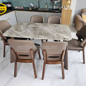 Bộ Bàn Ăn 1,4m BA-T-98 Mặt Đá Tự Nhiên + 6 Ghế Gỗ Hương Thái Nhập Khẩu