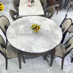 Bộ Bàn Ăn BA-F25-02 Mặt Đá Tròn Gọn 1,3M 6 Ghế Gỗ Hương Thái