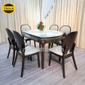 Bộ Bàn Ăn BA-F25-02 Mặt Đá Tròn Gọn 1,3M 6 Ghế Gỗ Hương Thái